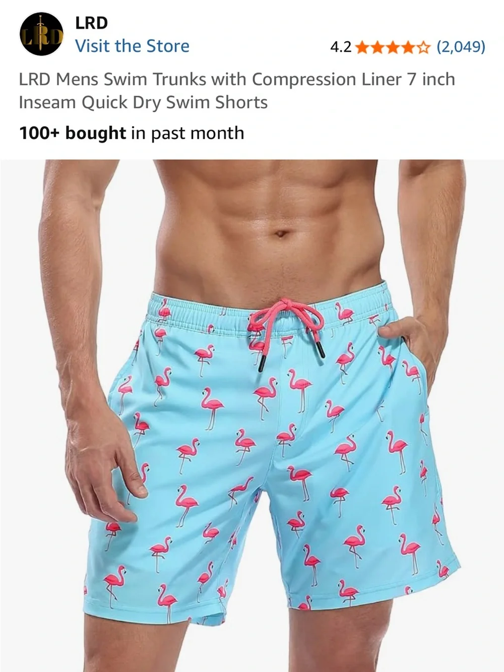 Men’s Light Blue Flamingo Swim Trunks with Pink Compression Liner